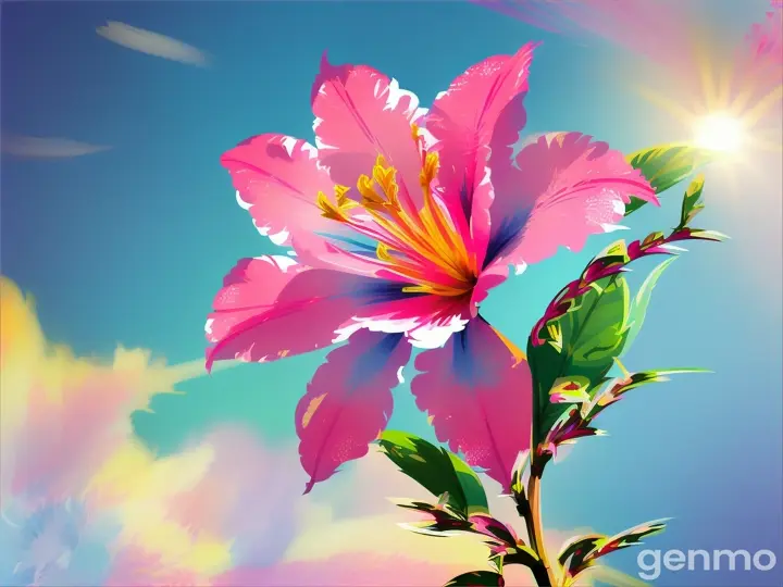 Drawing: bright day, stylized single pink azalea flower with a stem against a background of blue sky and sun (brushstrokes with strokes, dashes, blots) On an abstract pop art background with spots and strokes. Рисунок: яркий день, стилизованный одиночный розовый цветок азалия со стеблем на фоне голубого неба и солнца (мазки с штрихами, черточками, кляксами) На абстрактном фоне поп-арта с пятнами и штрихами.