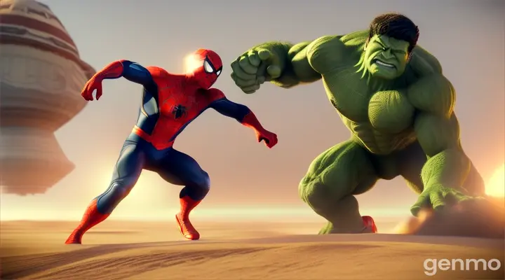 3d cartoon story style  An emergency arises as Sandman hijacks a Mars-bound shuttle, prompting Spider-Man and Hulk to intervene.