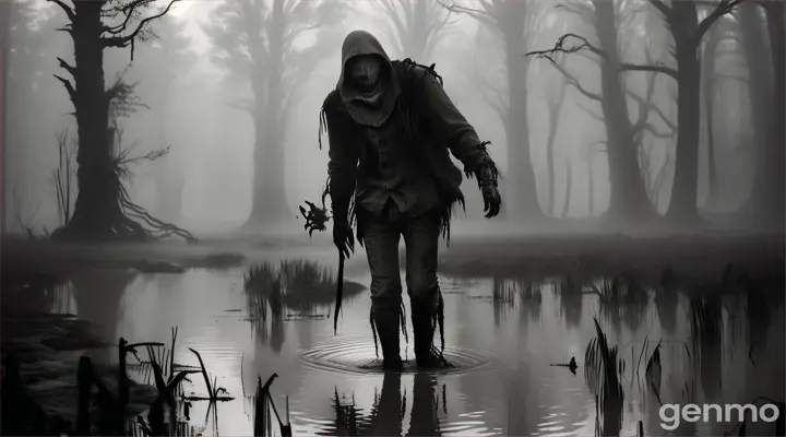 Slimy zombie with bloody arm walking in slime and mud, Background is a foggy ruined muddy and swampy village. Black and white, backlite