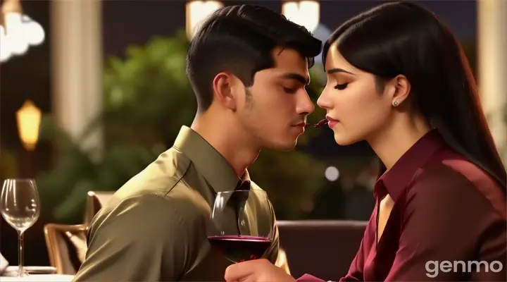 at night, at the hotel garden poach, a young man with buzz cut black hair cut in light brown formal shirt and a young woman with long black hair in maroon blouse shirt sitting at a table with wine glasses kissing