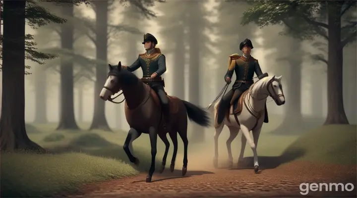 Create 3d amination vedio "Prince Sebastian on horseback, accompanied by his hound, riding through the forest.