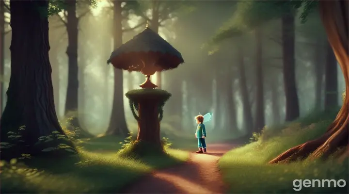 Create 3d amination vedio "when Prince Sebastian Render the forest in detail, Sebastian finding the delicate, glowing fairy.