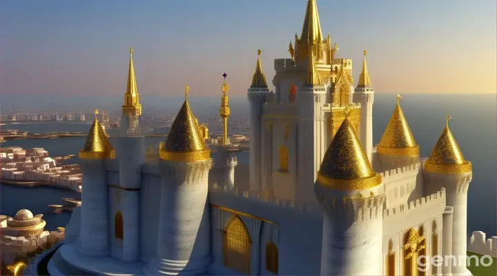 Create 3d animated vedio "Create a stunning view of the Queen’s castle with intricate details of marble, gems, and gold.