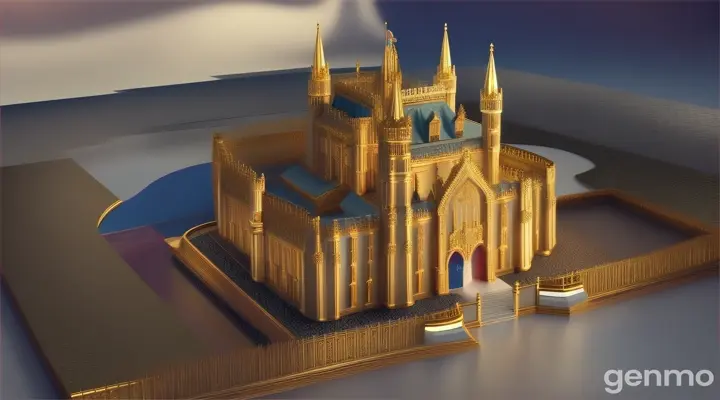 Create 3d animated vedio "Create a stunning view of the Queen’s castle with intricate details of marble, gems, and gold.