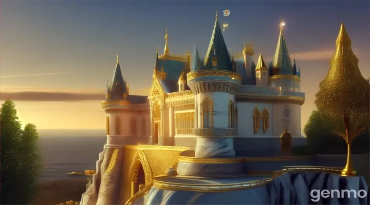 Create 3d animated vedio "Create a stunning view of the Queen’s castle with intricate details of marble, gems, and gold.Show the fairy pointing out the castle and their approach.