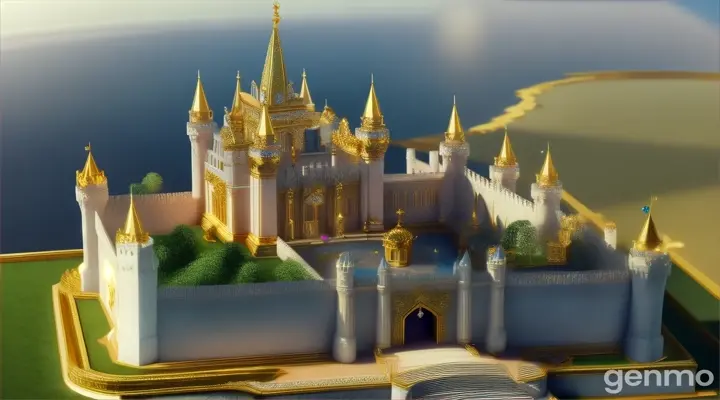 Create 3d animated vedio "Create a stunning view of the Queen’s castle with intricate details of marble, gems, and gold.Show the fairy pointing out the castle and their approach.