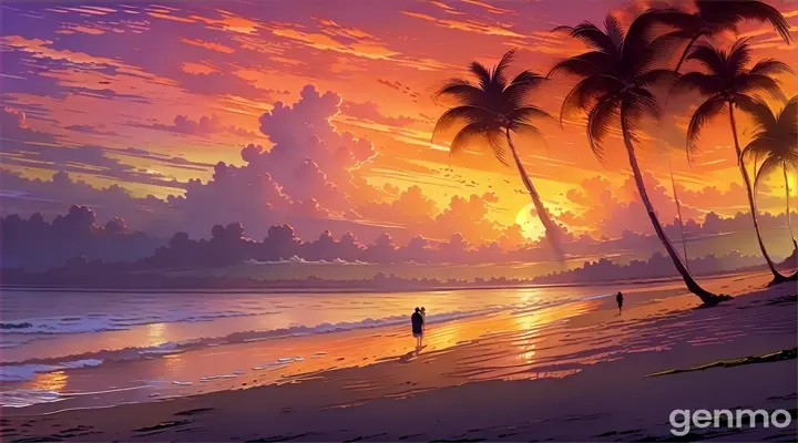 a painting of a person walking on a beach at sunset