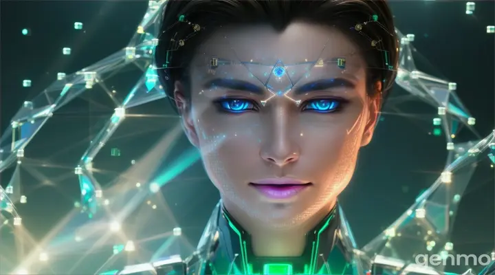 A humanoid guy with a human beautiful face, with dark hair, bright blue eyes, a loving look, very handsome, with a half smile, translucent. In a world of futuristic and advanced technology, humanoids see themselves in the world of another planet they have not seen before. It is as transparent as crystal, and it may be graceful, but it is connected to the green cables that connect in this form. meaningful our connections to technology. natural colors, vivid colors, intricate detail, high detail, realistic, cinematic, studio photography, wide angle lens, Half Body Shot, sharp focus, better shadow, depth of field, Super realistic detailed lighting, Volumetric lighting, Cinematic lighting, Dramatic lighting, light rays, cinema, 8k, Hdr, high resolution