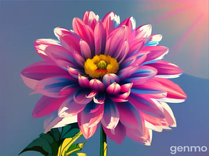 Drawing: bright day, stylized single pink  dahlia flower with a stem against a background of LIGHT-blue sky and sun with rays (brushstrokes with strokes, dashes, blots) On an abstract pop art background with spots and strokes. 
Рисунок: яркий день, стилизованный одиночный розовый цветок георгин со стеблем на фоне СВЕТЛО-голубого неба и солнца с лучами (мазки с штрихами, черточками, кляксами) На абстрактном фоне поп-арта с пятнами и штрихами.
