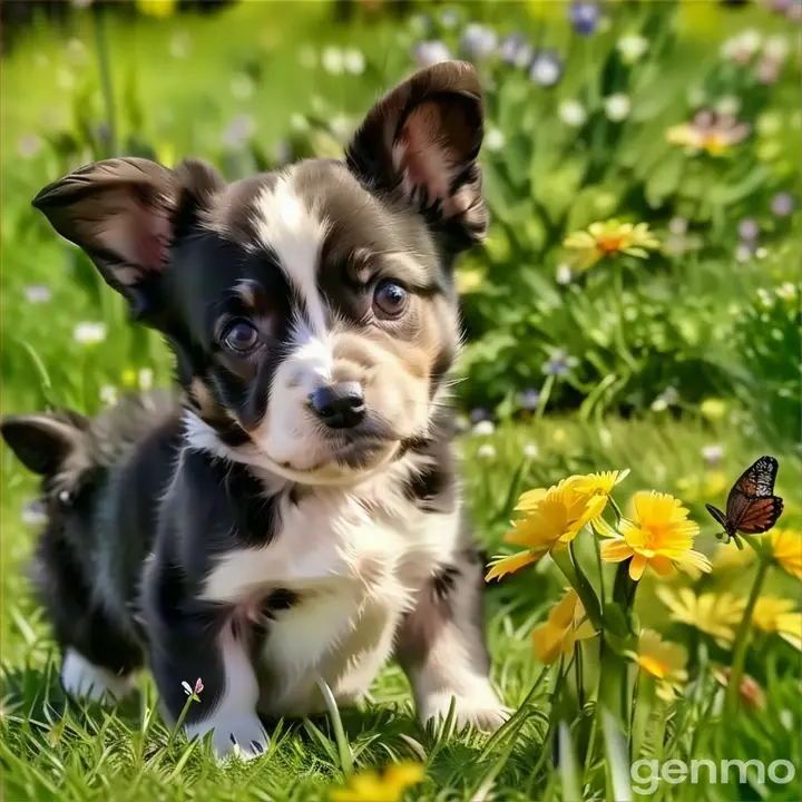 a small puppy sitting in the grass next to a flower