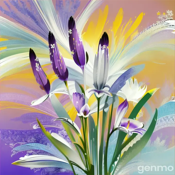 Drawing: stylized PURPLE muscari flowers with a stem against a background of LIGHT-blue sky and yellow sun with rays (brushstrokes with strokes, dashes, blots). And a white lily. On an abstract pop art background with spots and strokes. 
Рисунок: стилизованные пурпурные цветки мускари со стеблем на фоне СВЕТЛО-голубого неба и солнца с лучами (мазки с штрихами, черточками, кляксами) И белая лилия. На абстрактном фоне поп-арта с пятнами и штрихами. 