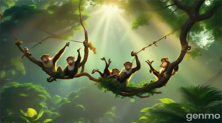 A group of monkeys are happily swinging on tree branches in a dense, brightly colored forest. . Inspired by the 3D Pixar animation style, with vibrant colors and expressive character designs. The scene takes place in a bright, joyful, 8k atmosphere, sharp images, smooth movement.