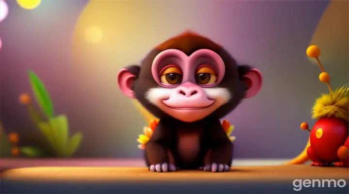 The little monkey was playing alone, suddenly lost from the group, the little monkey met but . Inspired by the 3D Pixar animation style, with vibrant colors and expressive character designs. The scene takes place in a bright, joyful, 8k atmosphere, sharp images, smooth movement.