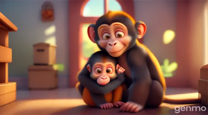 The little monkey came home and hugged his parents. Inspired by the 3D Pixar animation style, with vibrant colors and expressive character designs. The scene takes place in a bright, joyful, 8k atmosphere, sharp images, smooth movement.