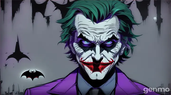 Cartoon of joker and we just seee his back and looking at the Batman symbol at Gotham city