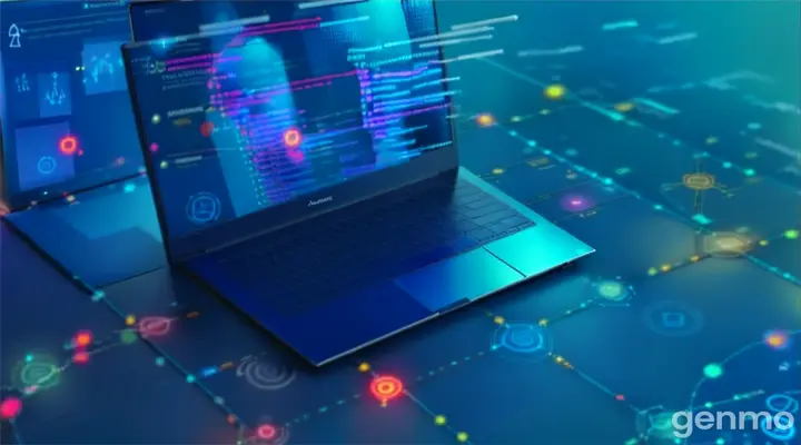 a laptop on a blue background with a line of circles around it