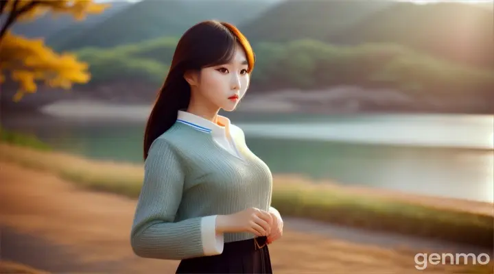 Beautiful Korean Wear very tight-fitting clothes With beautiful natural views as a backdrop.