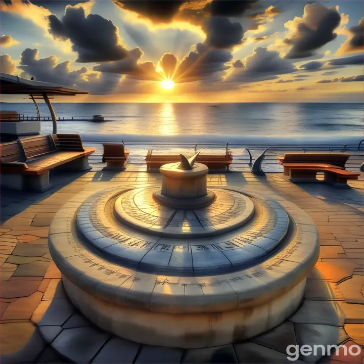 the sun is setting over the ocean with benches