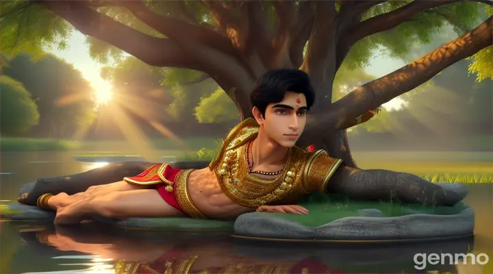 The 3D rendering in vibrant colours shows Prince Varun, a fair-skinned 16-year-old prince, dressed in simple but royal attire, looking tired and pale. He lies down under a tree by the side of a pond to rest. Emphasize the vibrant colors and intricate details of the forest, the serene pond, and the lively village to create a vivid, immersive atmosphere.