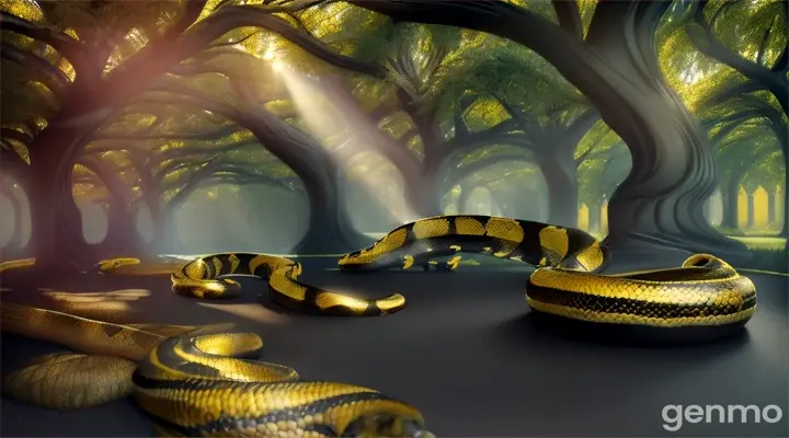 In a 3D rendering in vibrant colors, two evil black and yellow snakes, large and menacing, slowly emerge. Its scales shine in the sunlight, and it spreads its hood and breathes air. The two snakes talk to each other, creating a tense atmosphere. To the side is shown 16-year-old Prince Varun, a fair-skinned prince dressed in simple but regal attire, looking tired and pale. He lies down under a tree by the pond to rest.