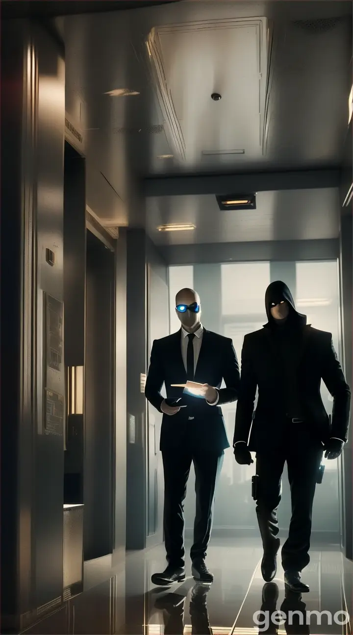  the duo entering the bank in disguise, bypassing security with high-tech gadgets.