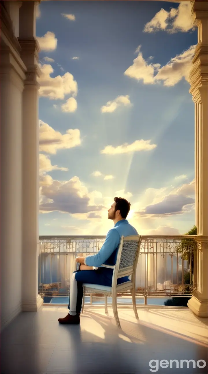 
A beautiful man sits on a chair on the balcony and looks at the sky. Make the video 9:16