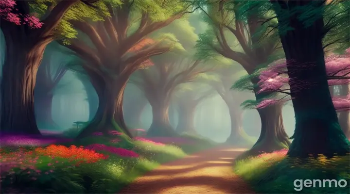 "Tall trees and bright flowers in an enchanting forest" 3D