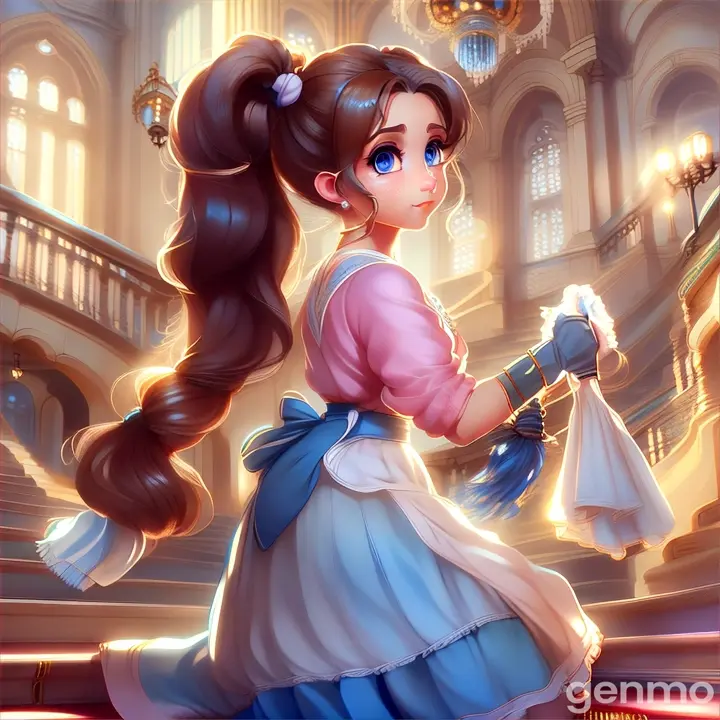  a poor beautiful lady with a messy pony tail  big eyes wearing long blue skirt and light pink blouse standing holding a mop in   stairs under  big beautiful  lighting chandelier  3D animation cartoon  indian style 