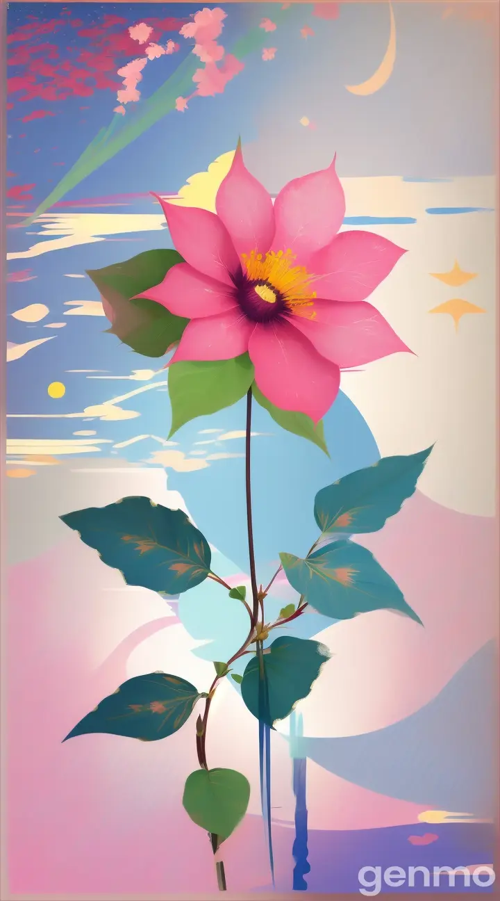 Drawing:Picasso-stylized single pink abutilon flower with a stem against a background of blue sky and  stylized sun (brushstrokes with strokes, dashes, blots). On an abstract pop art background with spots and strokes. 
Рисунок: пикассо-стилизованный одиночный розовый цветок абутилон со стеблем на фоне голубого неба и стилизованного солнца (мазки со штрихами, черточками, кляксами). На абстрактном фоне поп-арта с пятнами и штрихами.
