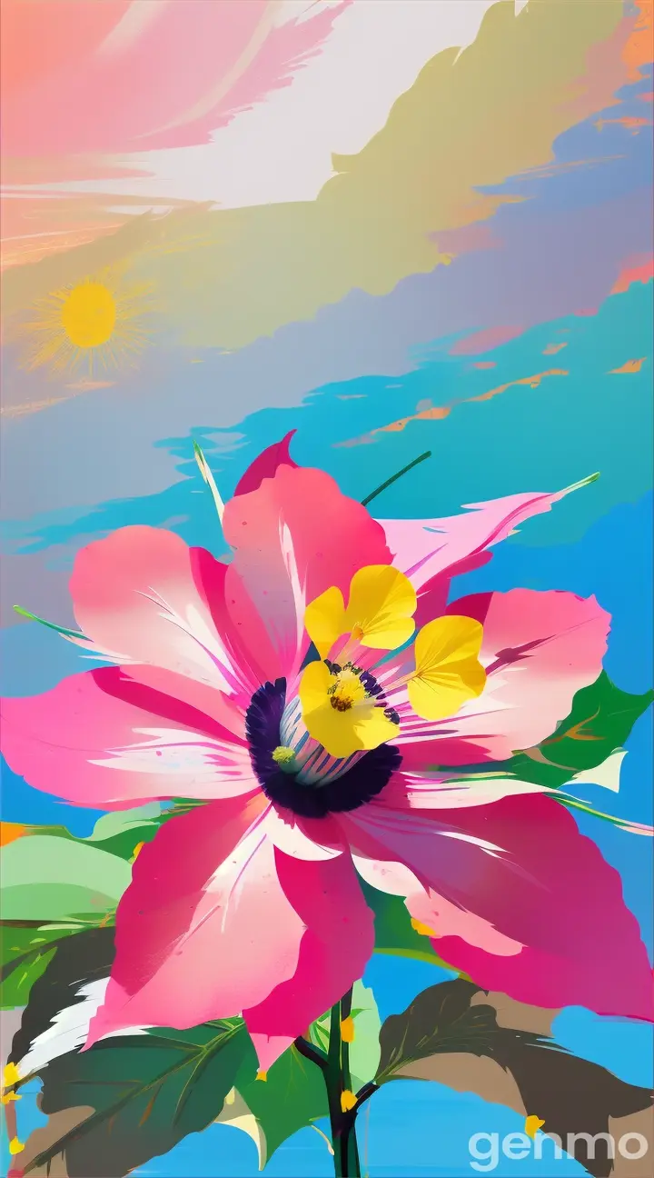 Drawing:Picasso-stylized single pink abutilon flower with a stem against a background of blue sky and  stylized sun (brushstrokes with strokes, dashes, blots). On an abstract pop art background with spots and strokes. 
Рисунок: пикассо-стилизованный одиночный розовый цветок абутилон со стеблем на фоне голубого неба и стилизованного солнца (мазки со штрихами, черточками, кляксами). На абстрактном фоне поп-арта с пятнами и штрихами.
