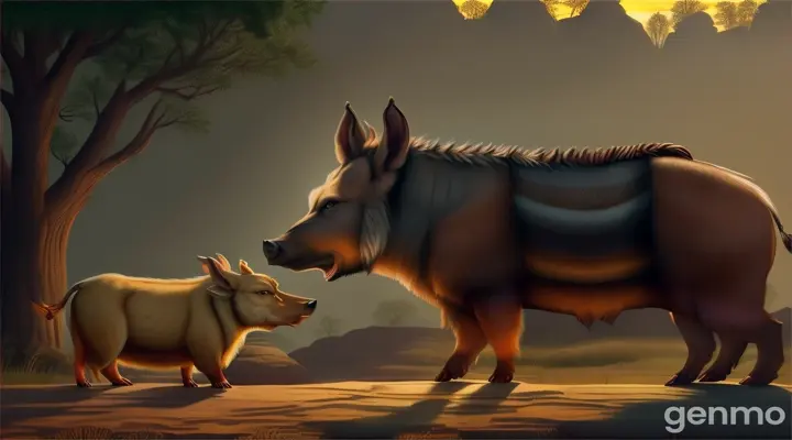 Brahmin starts telling the story of the boar, hunter, and jackal: The Brahmin begins narrating the story to his wife, with an illustrative background showing the characters of the story.



