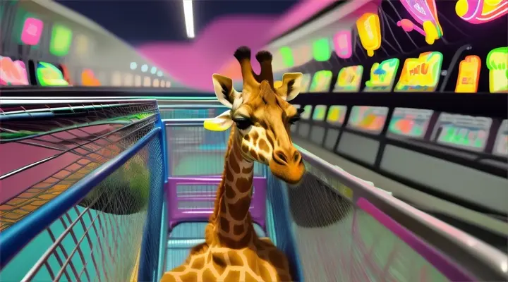 giraffe in neon style chilling in shopping cart at supermarket, eating vegetables, at night