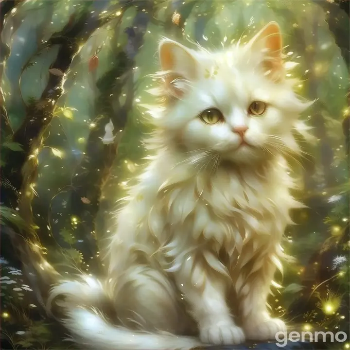 a white cat sitting in the middle of a forest