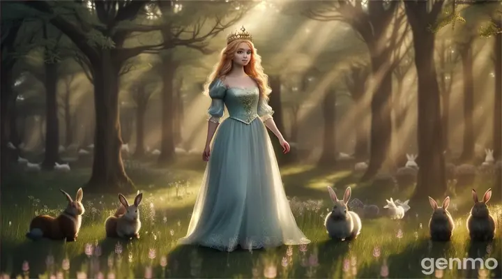 Princess Elara is walking among rabbits in the forest. 16:9