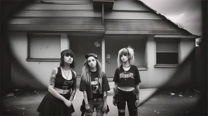 3 punk girls in front of an old rotten house