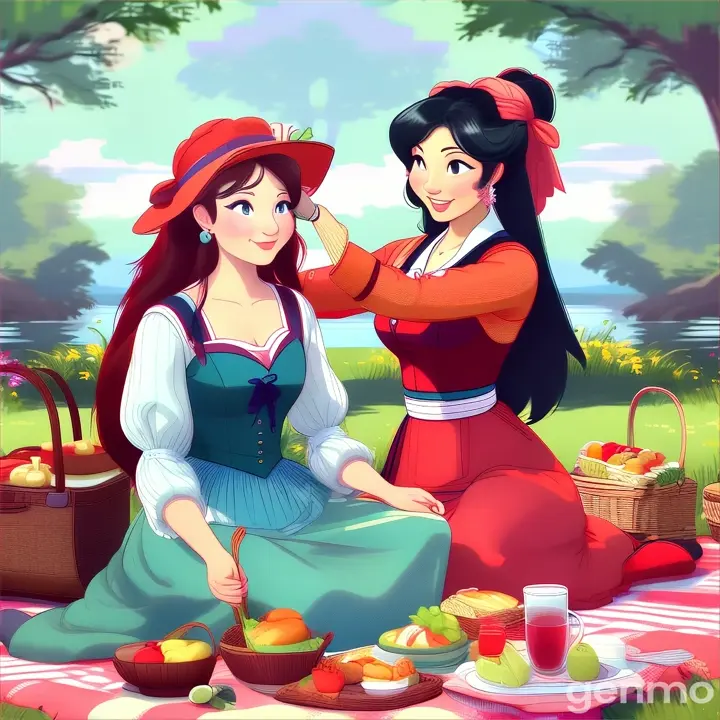 a couple of women sitting on top of a picnic blanket