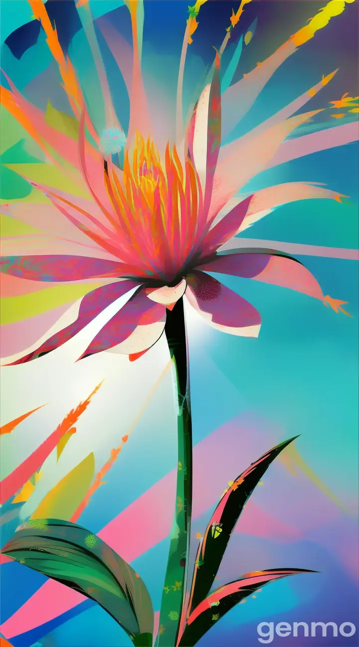 Drawing (brushstrokes with strokes, dashes, blots): stylized single pink clivia flower with a stem against a background of blue sky and  stylized sun with rays. On an abstract pop art background with spots and strokes. 
Рисунок (мазки со штрихами, черточками, кляксами): стилизованный одиночный розовый цветок кливия со стеблем на фоне голубого неба и стилизованного солнца с лучами. На абстрактном фоне поп-арта с пятнами и штрихами.
