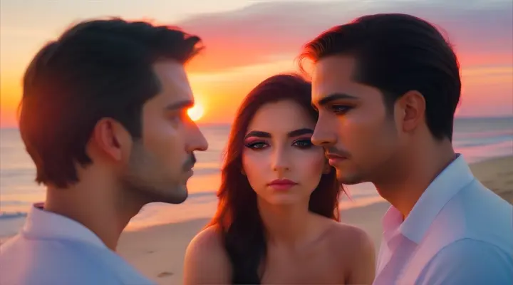 Eyes of Latin American of the man and woman on the beach speaking without words, telling stories of love and passion.Features: Close-up on expressive eyes, intense looks.Objects: Colorful makeup, mirrors.
