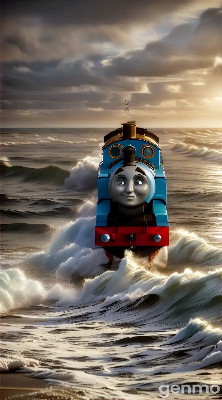 Create a video of Thomas the train With Spider Legs with sharp Teeth near Sea tides