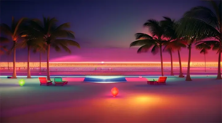 A panoramic view of the beach party with decorated lights, with everyone dancing together under the stars.