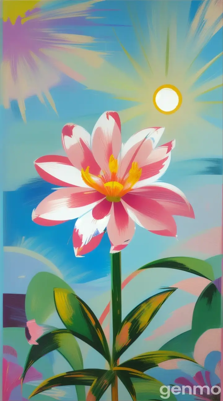 Drawing (brushstrokes with strokes, dashes, blots): stylized single pink clivia flower with a stem against a background of blue sky and stylized sun with rays. On an abstract pop art background with spots and strokes. Рисунок (мазки со штрихами, черточками, кляксами): стилизованный одиночный розовый цветок кливия со стеблем на фоне голубого неба и стилизованного солнца с лучами. На абстрактном фоне поп-арта с пятнами и штрихами.