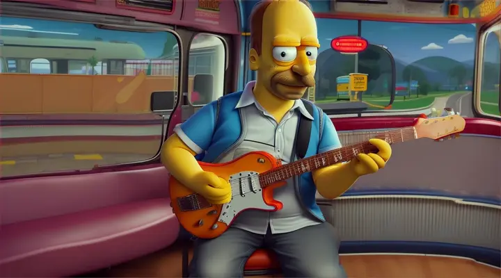  --Scene="Turn the guitarist into Otto, the bus driver from The Simpsons TV Show, cell-shading" --CV="Computer Vision for the recognition and processing of visual elements" --NLP="Natural Language Processing for accurate text interpretation"--GANs="Generative Adversarial Networks for the generation of realistic video elements" --RL="Reinforcement Learning for the optimization of video transitions and movements" --Transfer_Learning="Transfer Learning for the adaptation and fine-tuning of video presentation" --Neural_Rendering="Neural Rendering for the creation of photorealistic videos" --Automatic Correction --Automated Video Generation="Uses AI for video creation to ensure correct video generation