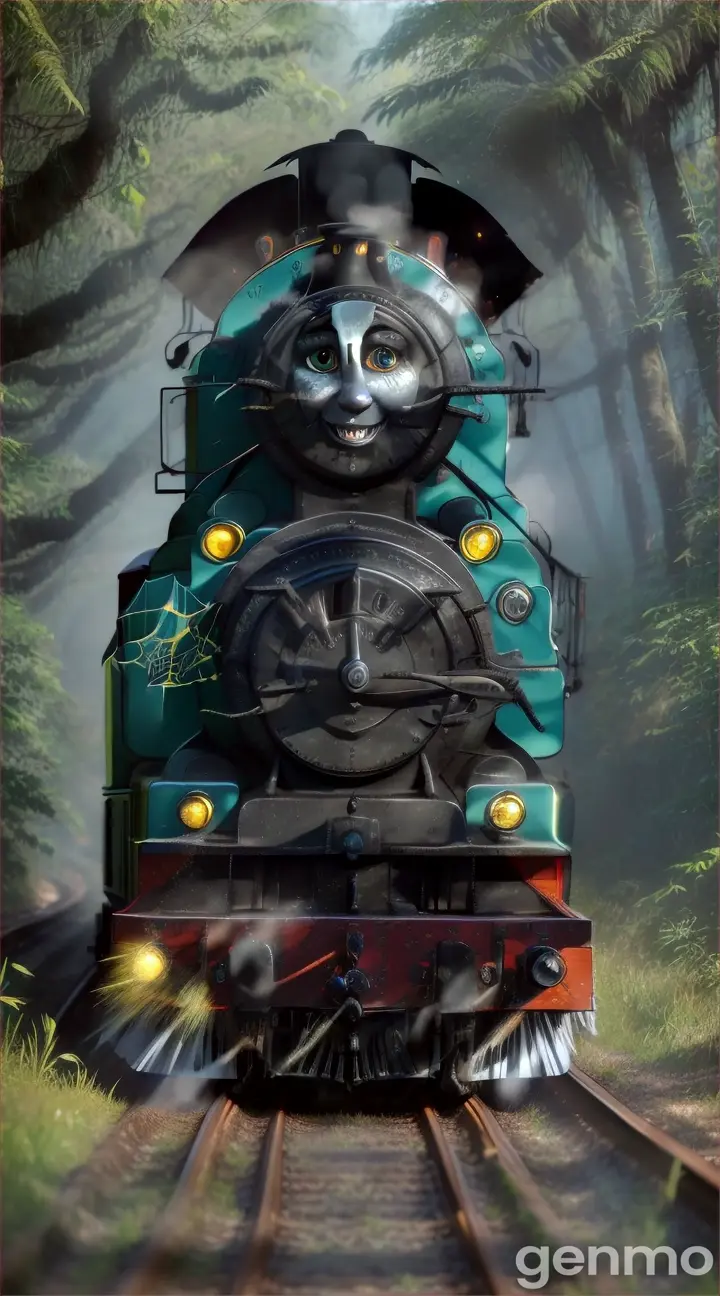 Thomas the train With SPIDER LEGS ns sharp teeth , bull horns on head in deep jungle near water swap