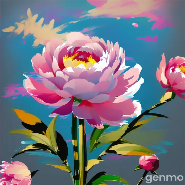 Drawing: bright day, stylized single pink peony flower with a stem against a background of blue sky and sun (large brushstrokes with strokes, dashes, blots) On an abstract pop art background with spots and strokes. 
Рисунок: яркий день, стилизованный одиночный розовый цветок пион со стеблем на фоне голубого неба и солнца (крупные мазки с штрихами, черточками, кляксами) На абстрактном фоне поп-арта с пятнами и штрихами.

