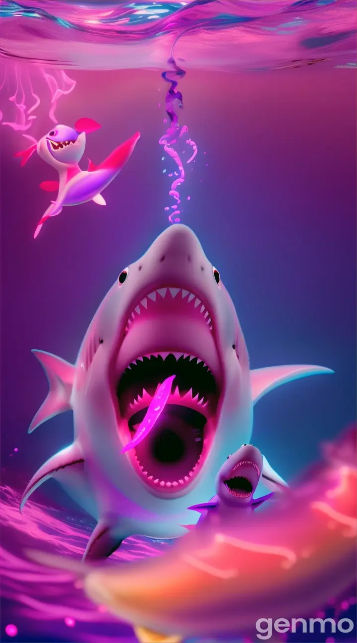 A glowing shiny magenta and purple shaded cute sweet shark is standing like a human baby but actually shark is dancing with the baby Shark dance, laughing and doing twist with the song, perfect professional video, in beautiful sea full of tiny glowing jelly fishes of different colours, 9:16 ratio