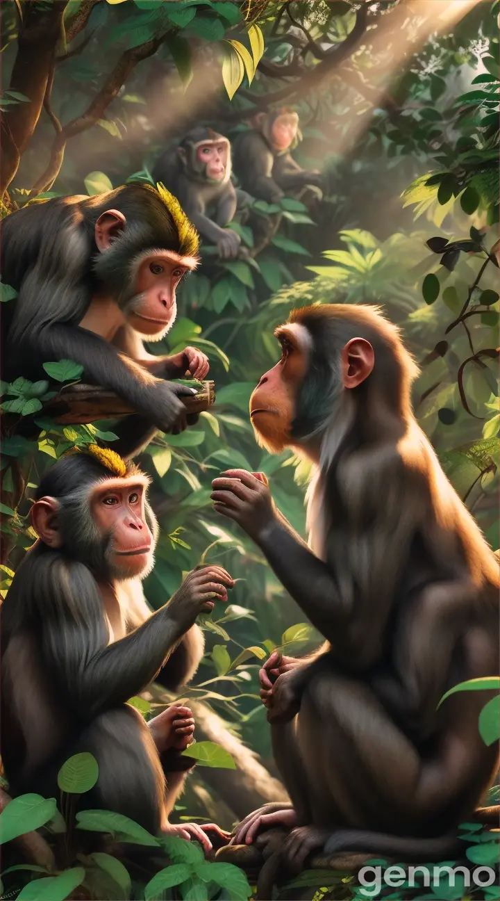 Three monkeys are talking in a forest