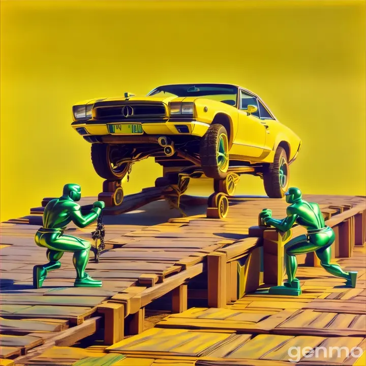 a yellow car being lifted by two green men