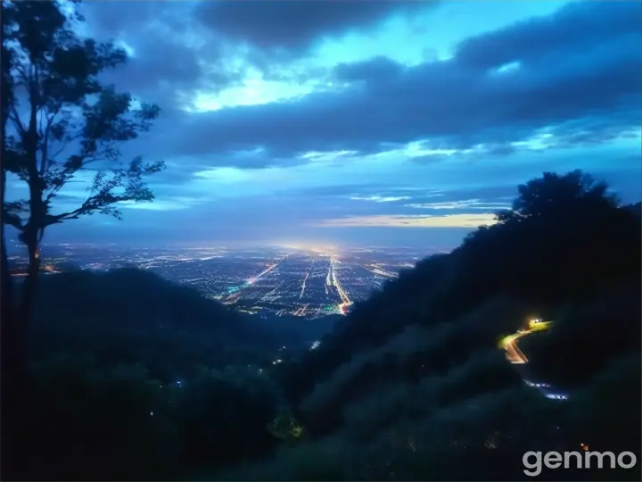 a view of the city lights from the top of a hill