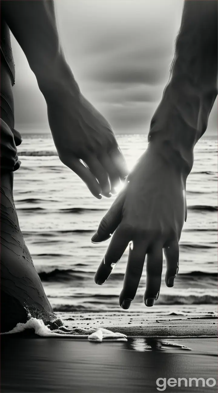 Classic black and white hands-clasped photo, with a contemporary twist of the two figures emerging from a blacked out area, on a misty beach