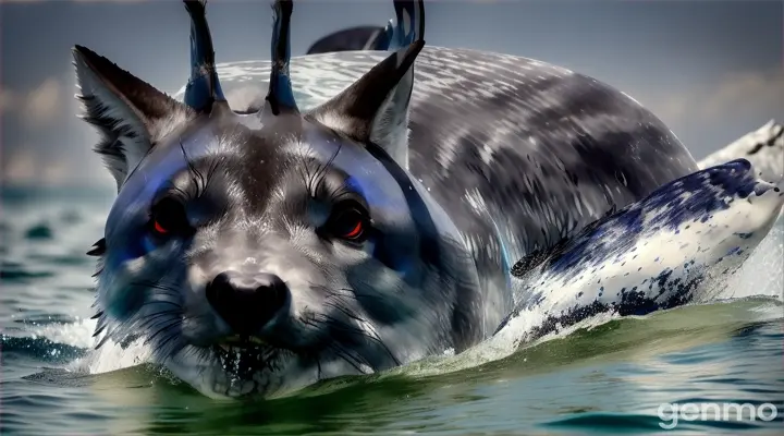 un loup gris, aux yeux bleus, se baigne dans la méditerranée, avec un dauphin gris